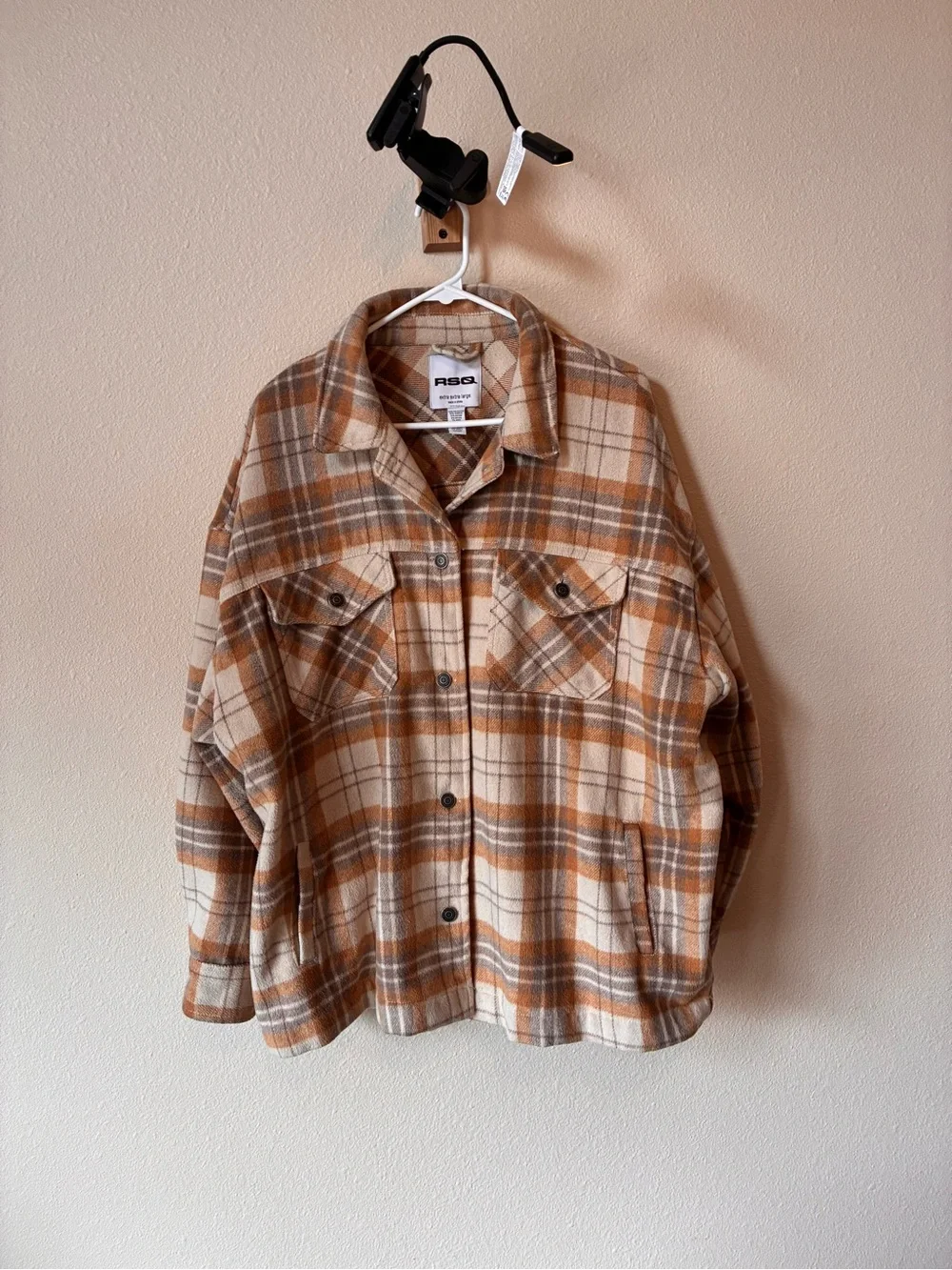 RSQ Plaid Utility Shacket in Beige and Brown - Picture 1 of 4
